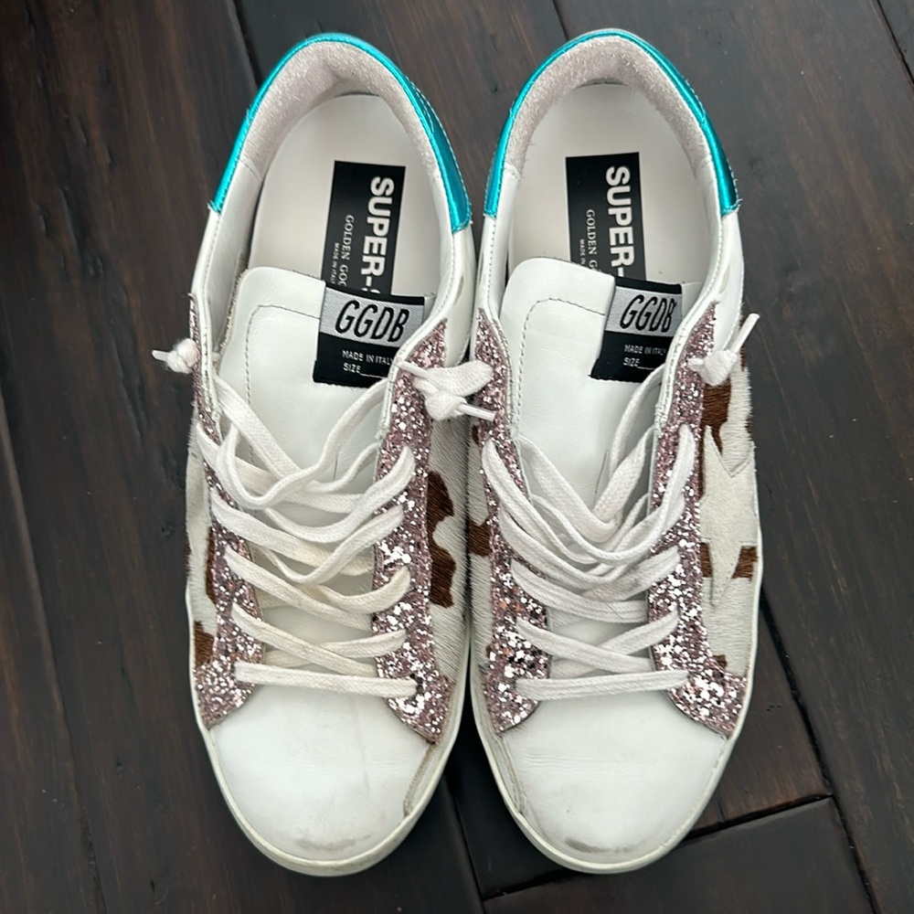 Golden Goose super star with cowhide and pink sparkle